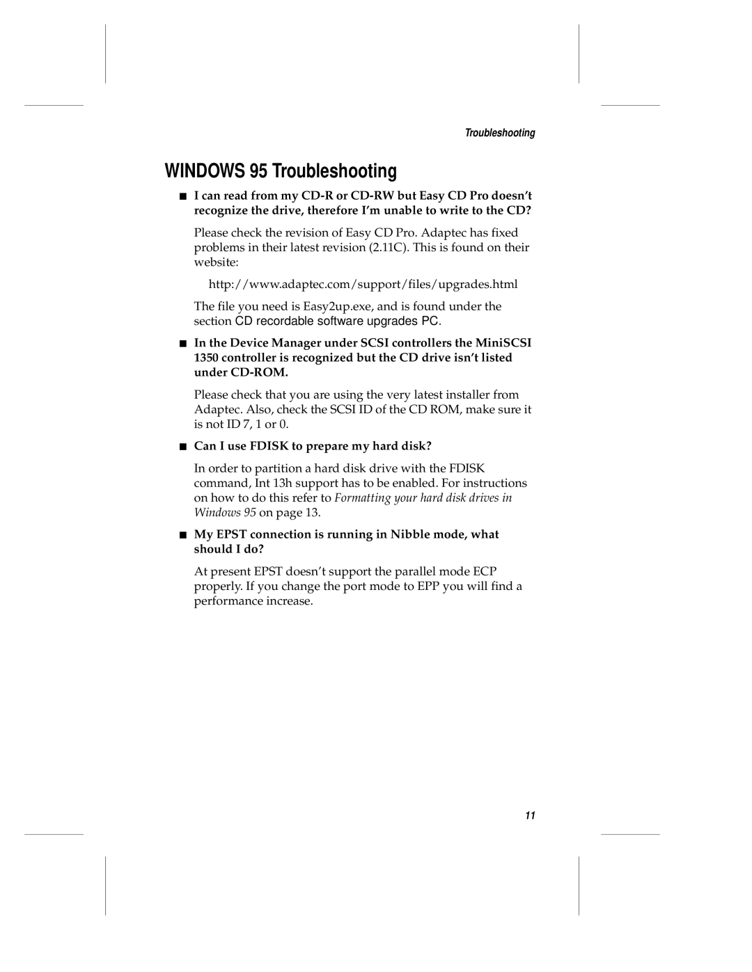 Adaptec APA-1350 manual Windows 95 Troubleshooting, Can I use Fdisk to prepare my hard disk? 