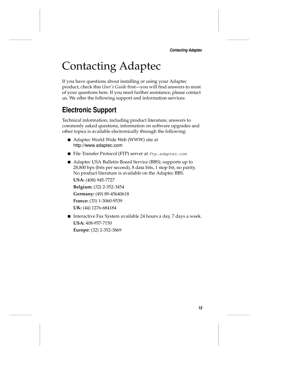 Adaptec APA-1350 manual Contacting Adaptec, Electronic Support 