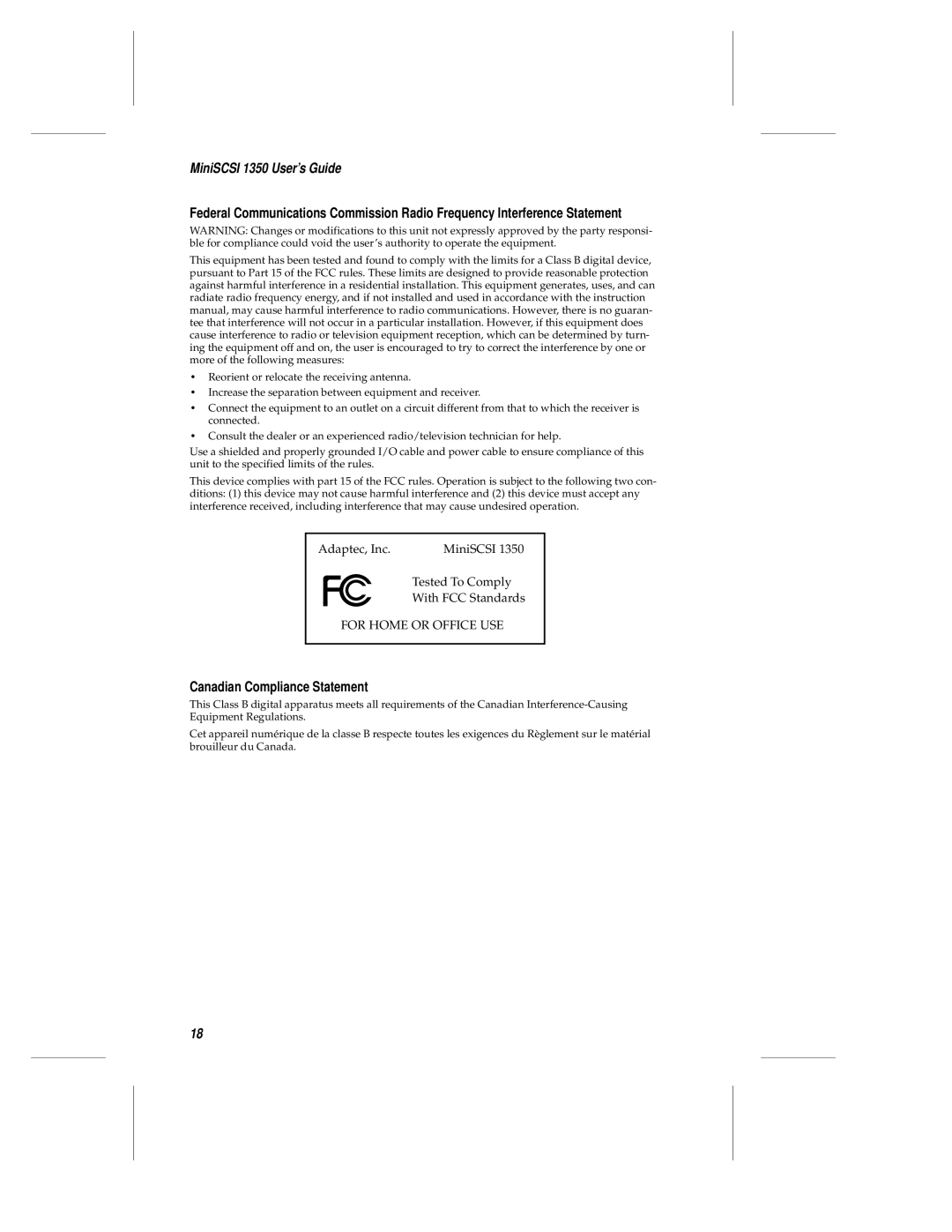 Adaptec APA-1350 manual Canadian Compliance Statement 