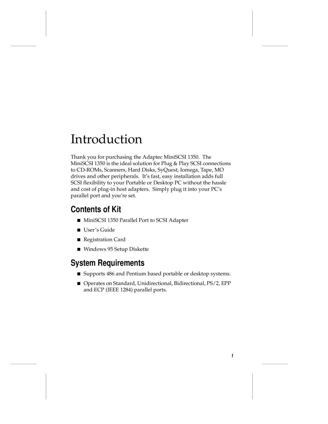 Adaptec APA-1350 manual Introduction, Contents of Kit, System Requirements 