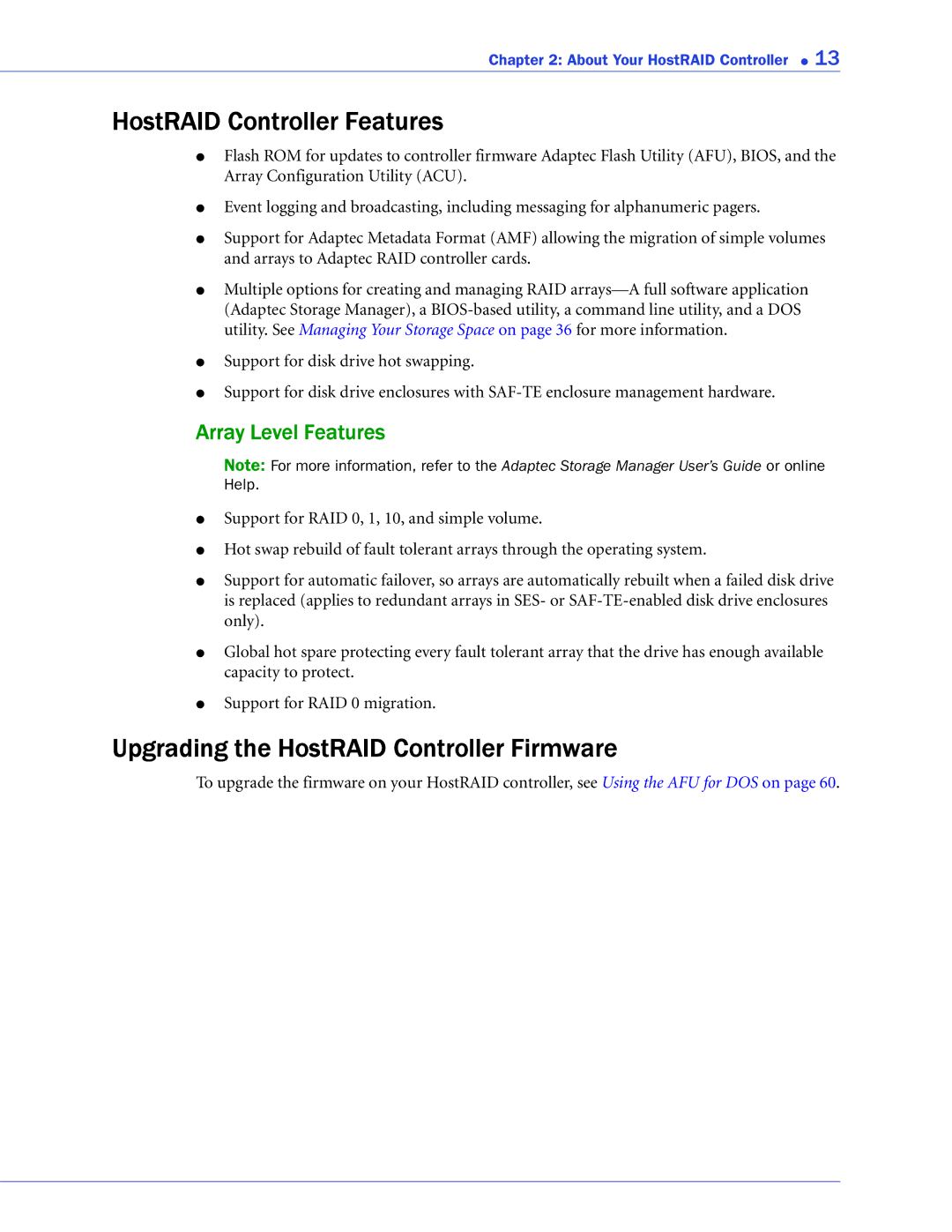 Adaptec ATA II 1430SA manual HostRAID Controller Features, Upgrading the HostRAID Controller Firmware, Array Level Features 