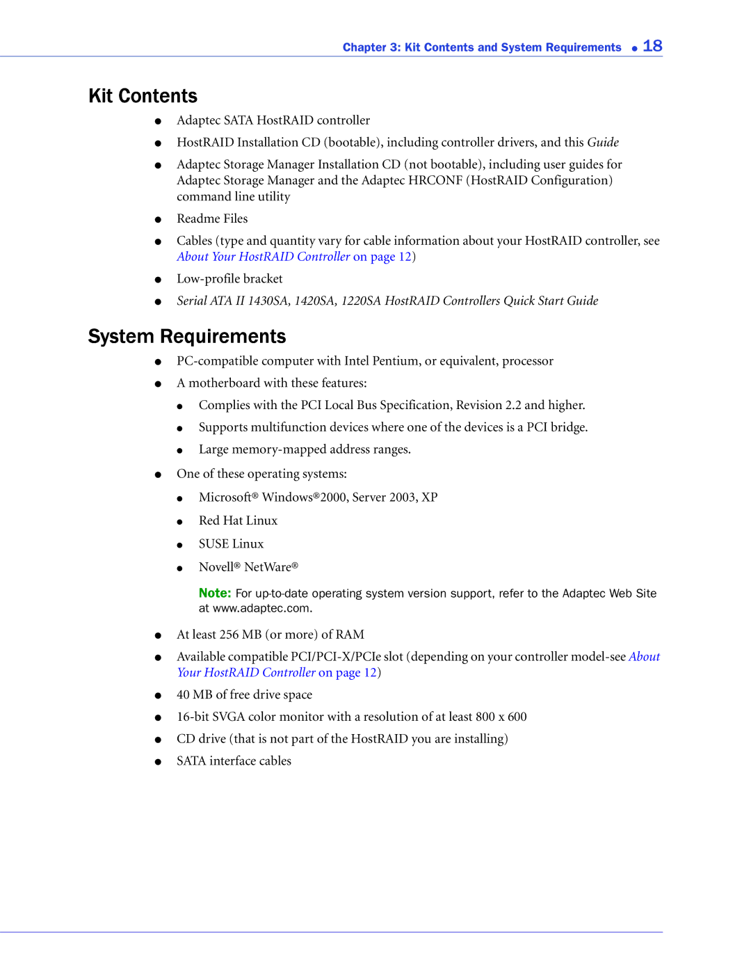 Adaptec ATA II 1220SA, ATA II 1430SA, ATA II 1420SA manual Kit Contents, System Requirements 