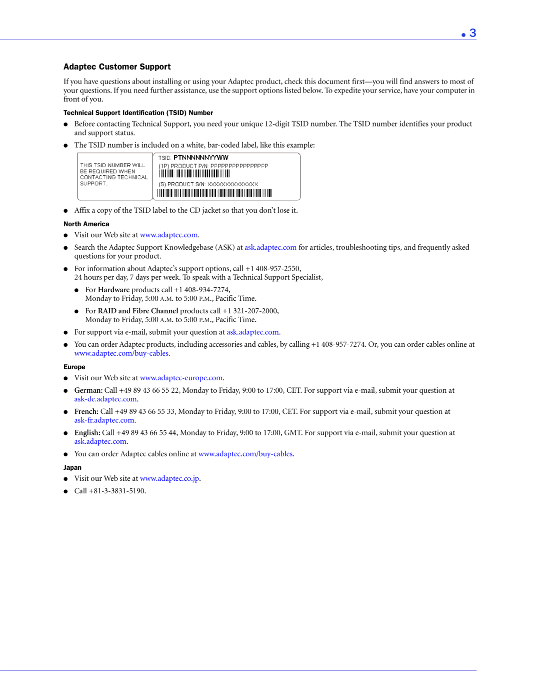 Adaptec ATA II 1220SA, ATA II 1430SA, ATA II 1420SA manual Adaptec Customer Support 