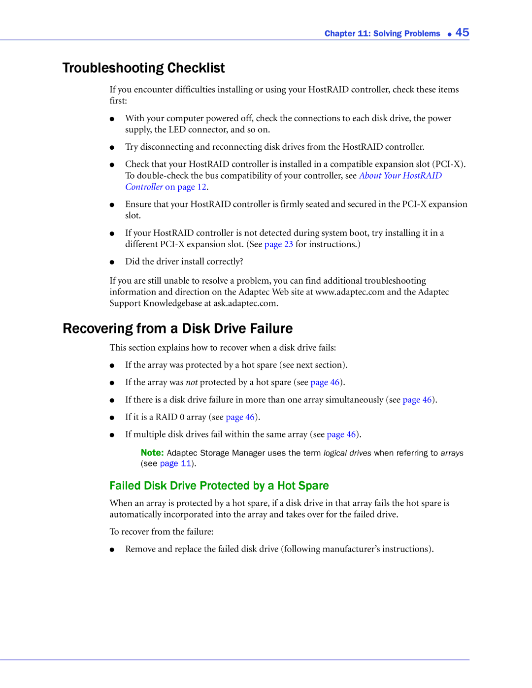 Adaptec ATA II 1220SA, ATA II 1430SA, ATA II 1420SA manual Troubleshooting Checklist, Recovering from a Disk Drive Failure 