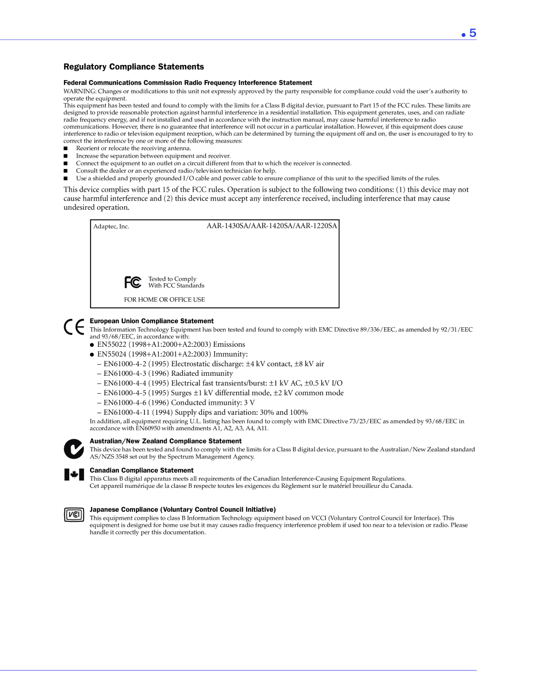 Adaptec ATA II 1420SA, ATA II 1220SA, ATA II 1430SA manual Regulatory Compliance Statements 