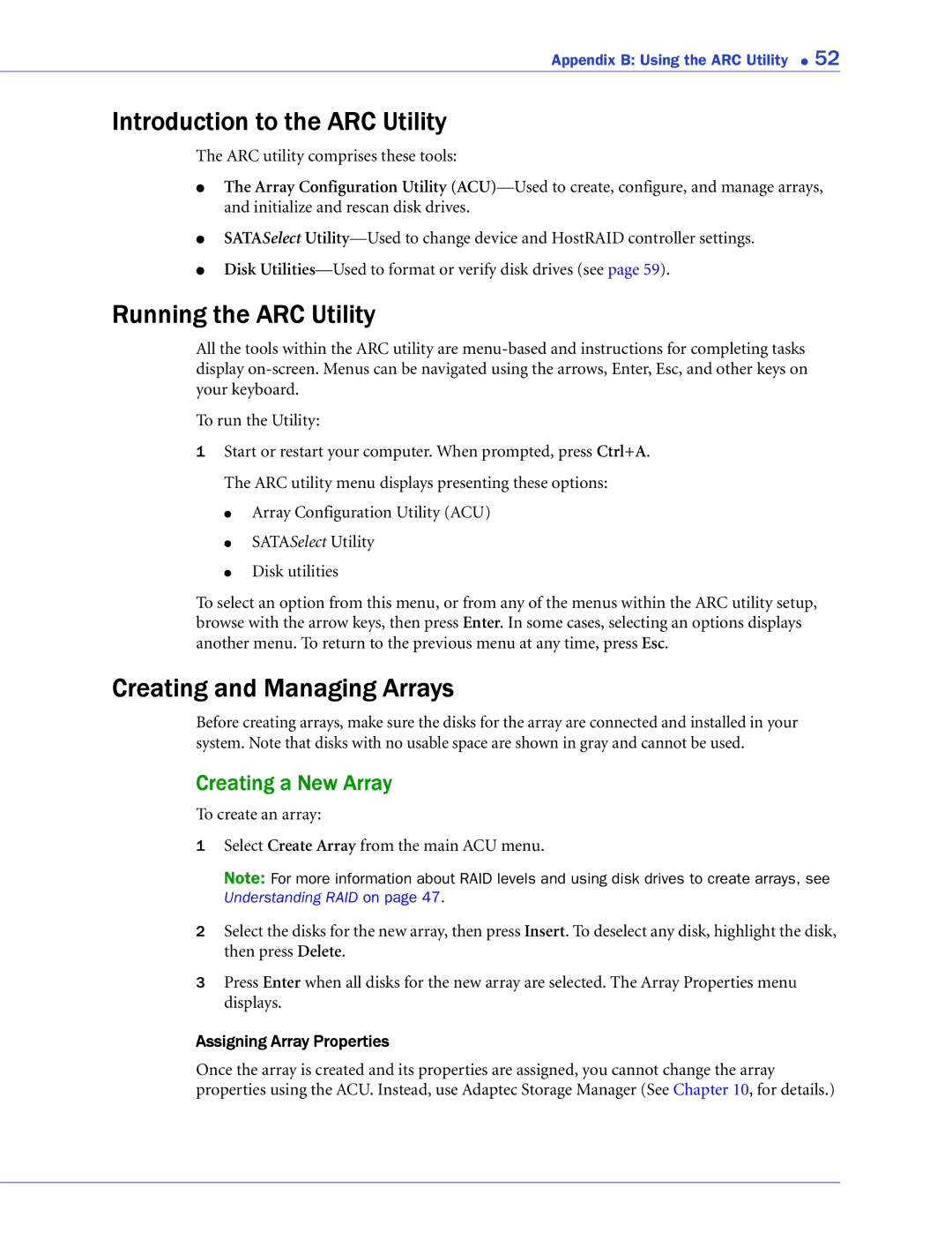 Adaptec ATA II 1430SA manual Introduction to the ARC Utility, Running the ARC Utility, Creating and Managing Arrays 