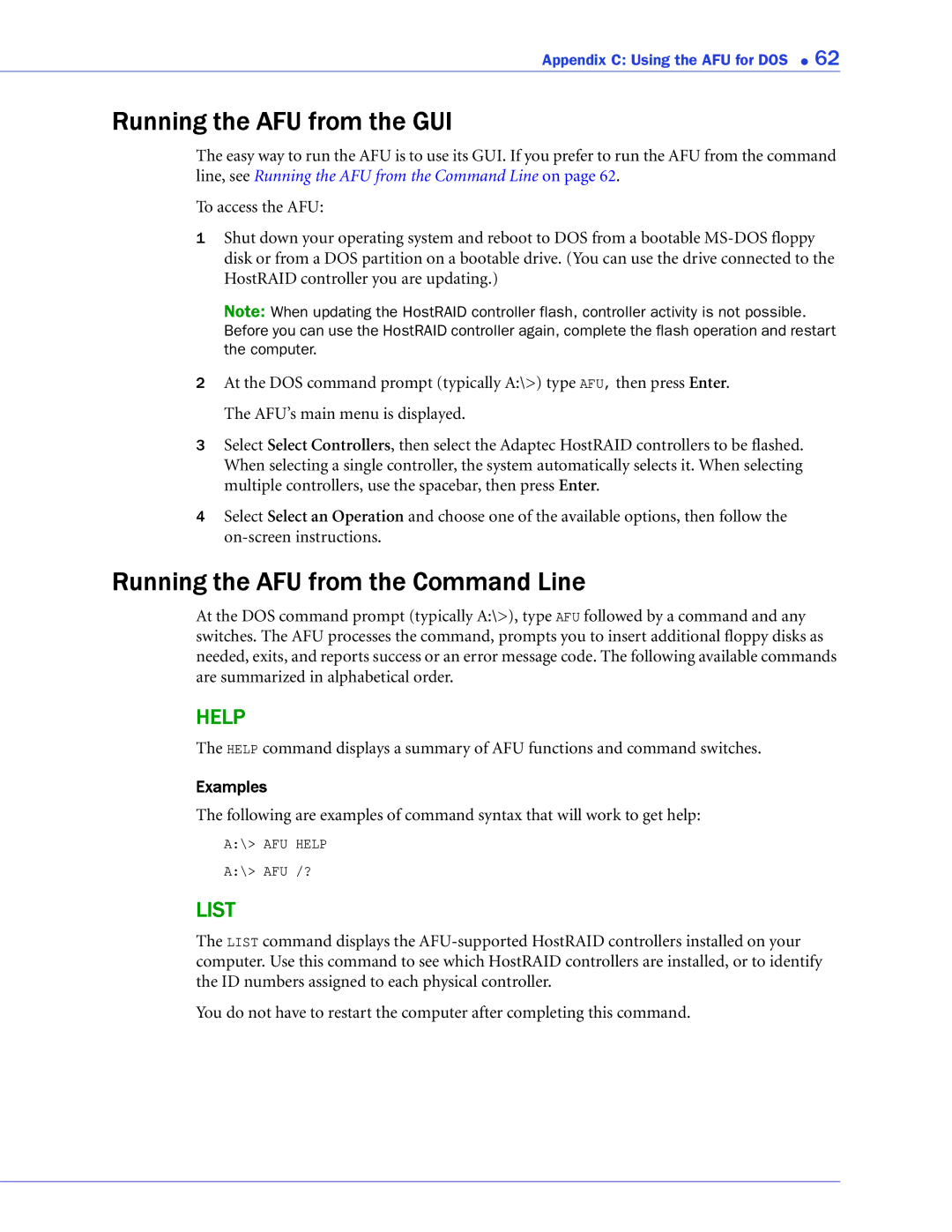 Adaptec ATA II 1420SA, ATA II 1220SA, ATA II 1430SA Running the AFU from the GUI, Running the AFU from the Command Line 