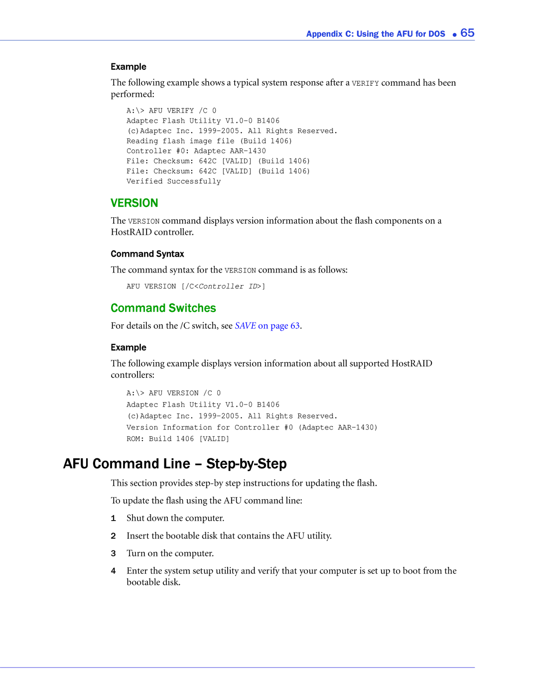 Adaptec ATA II 1420SA, ATA II 1220SA, ATA II 1430SA manual AFU Command Line Step-by-Step, Command Switches 