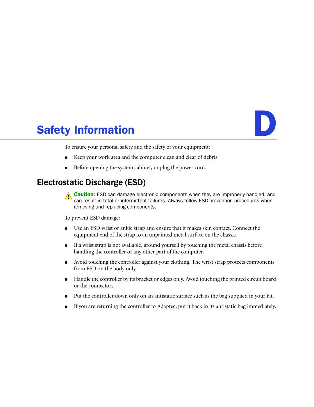 Adaptec ATA II 1430SA, ATA II 1220SA, ATA II 1420SA manual Safety Information, Electrostatic Discharge ESD 