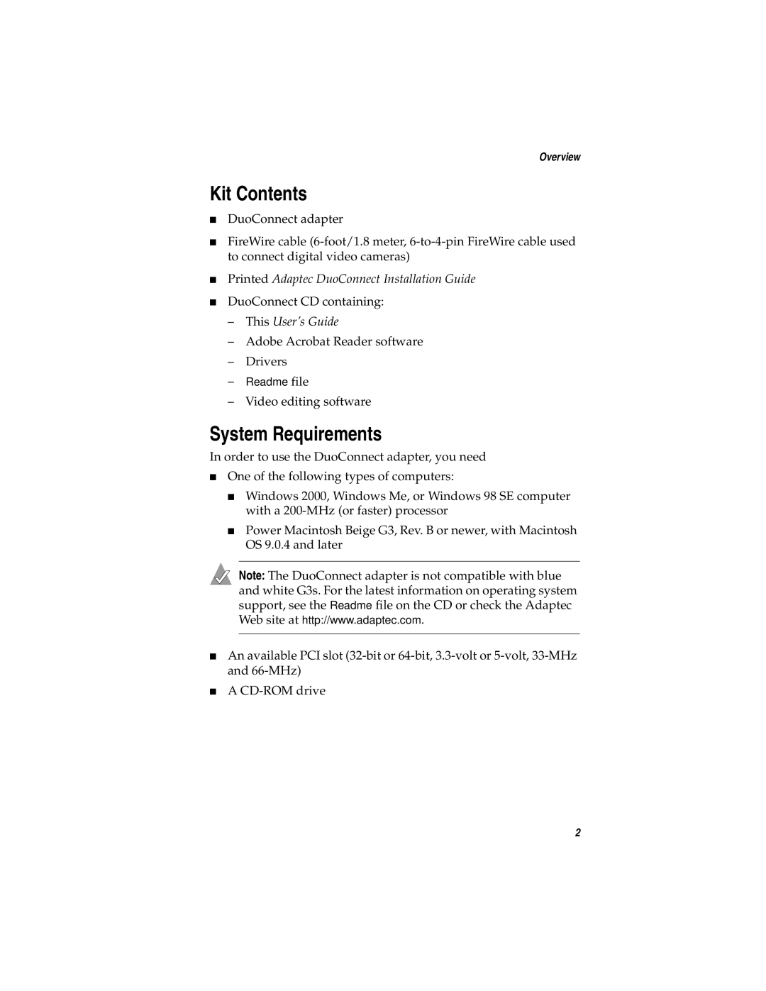 Adaptec AUA-3121 manual Kit Contents, System Requirements 