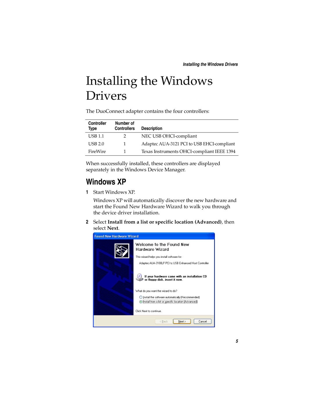 Adaptec AUA-3121 manual Installing the Windows Drivers, Windows XP, Controller, Type, Description 