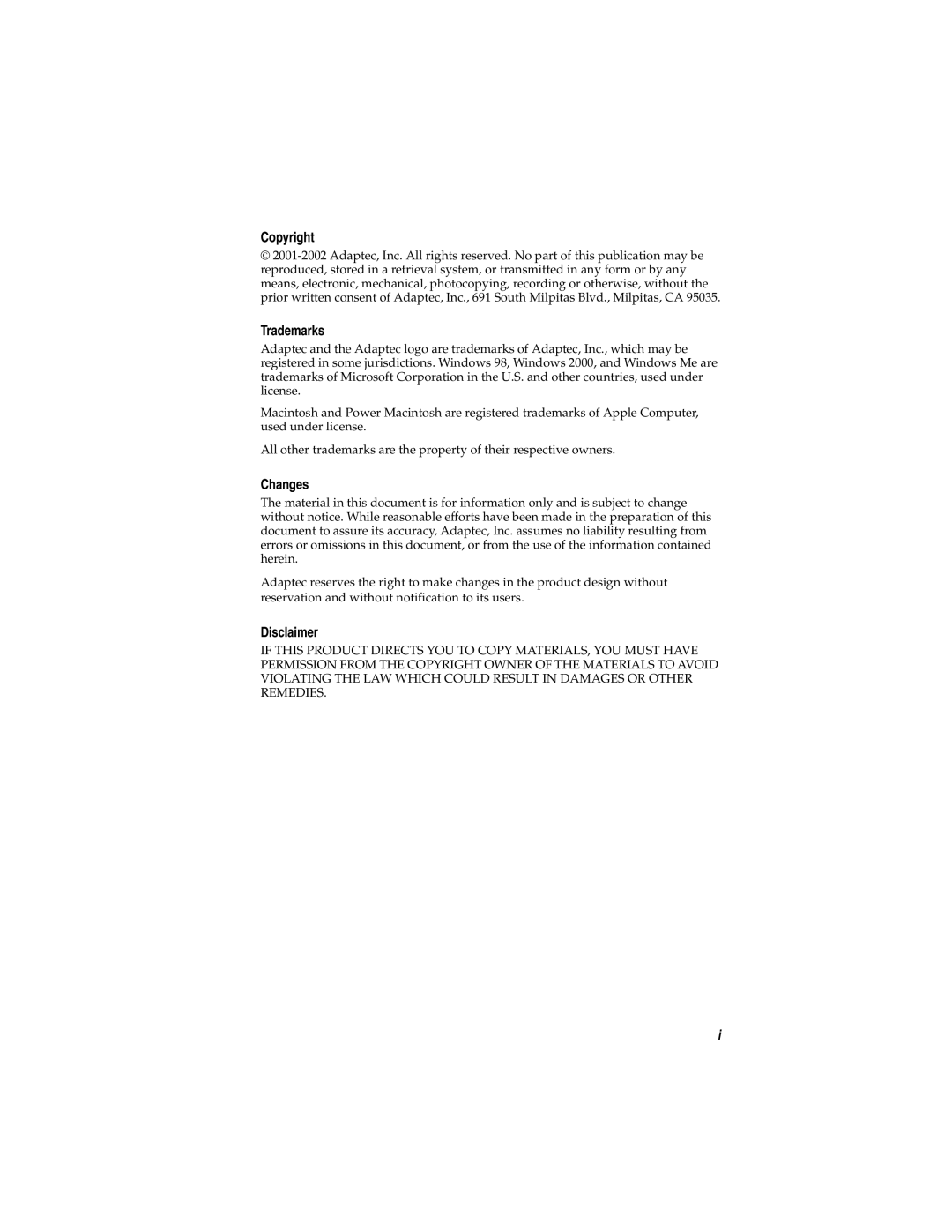 Adaptec AUA-3121 manual Copyright, Trademarks, Changes, Disclaimer 