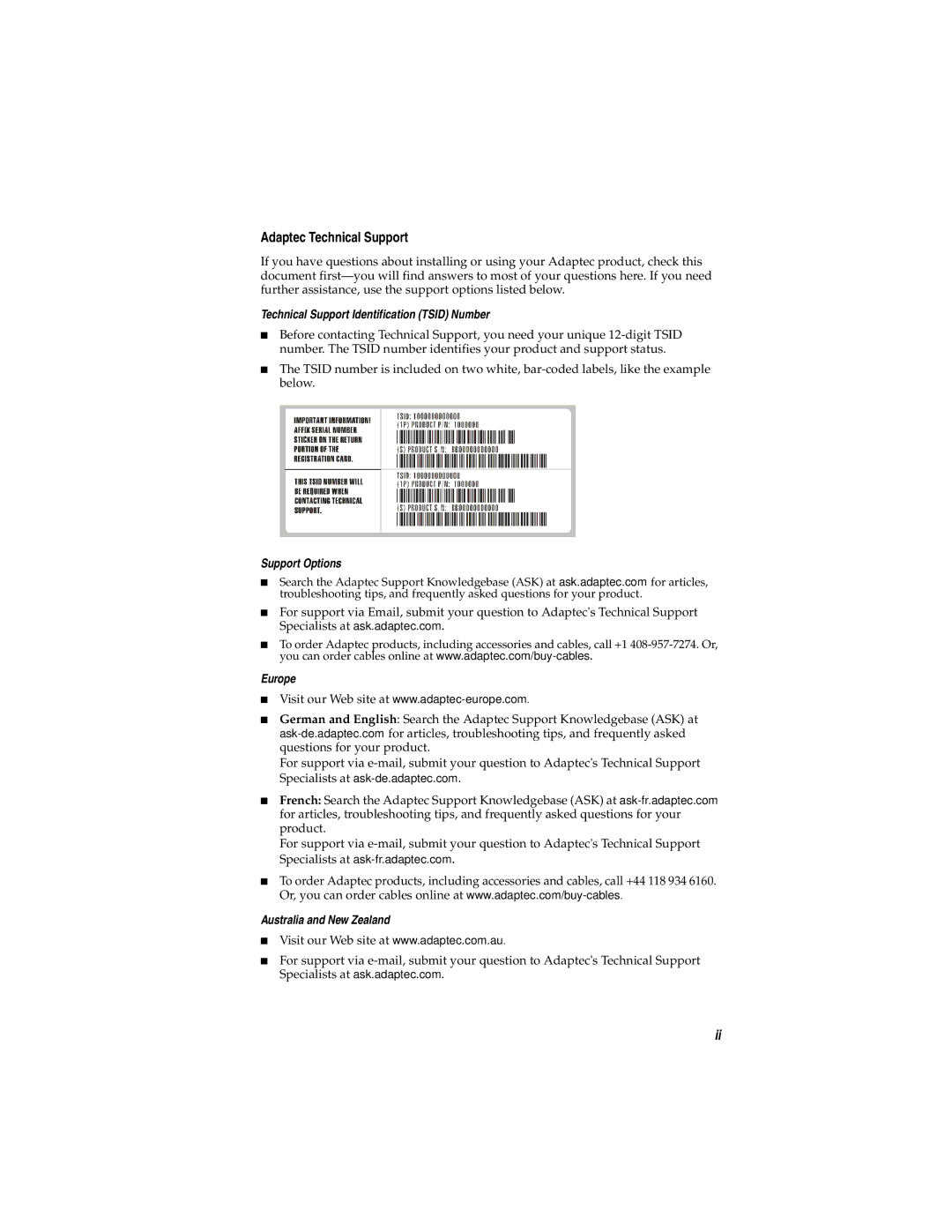 Adaptec AUA-3121 manual Adaptec Technical Support, Technical Support Identification Tsid Number 