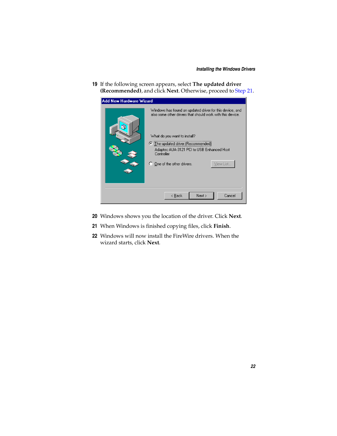 Adaptec AUA-3121 manual Installing the Windows Drivers 