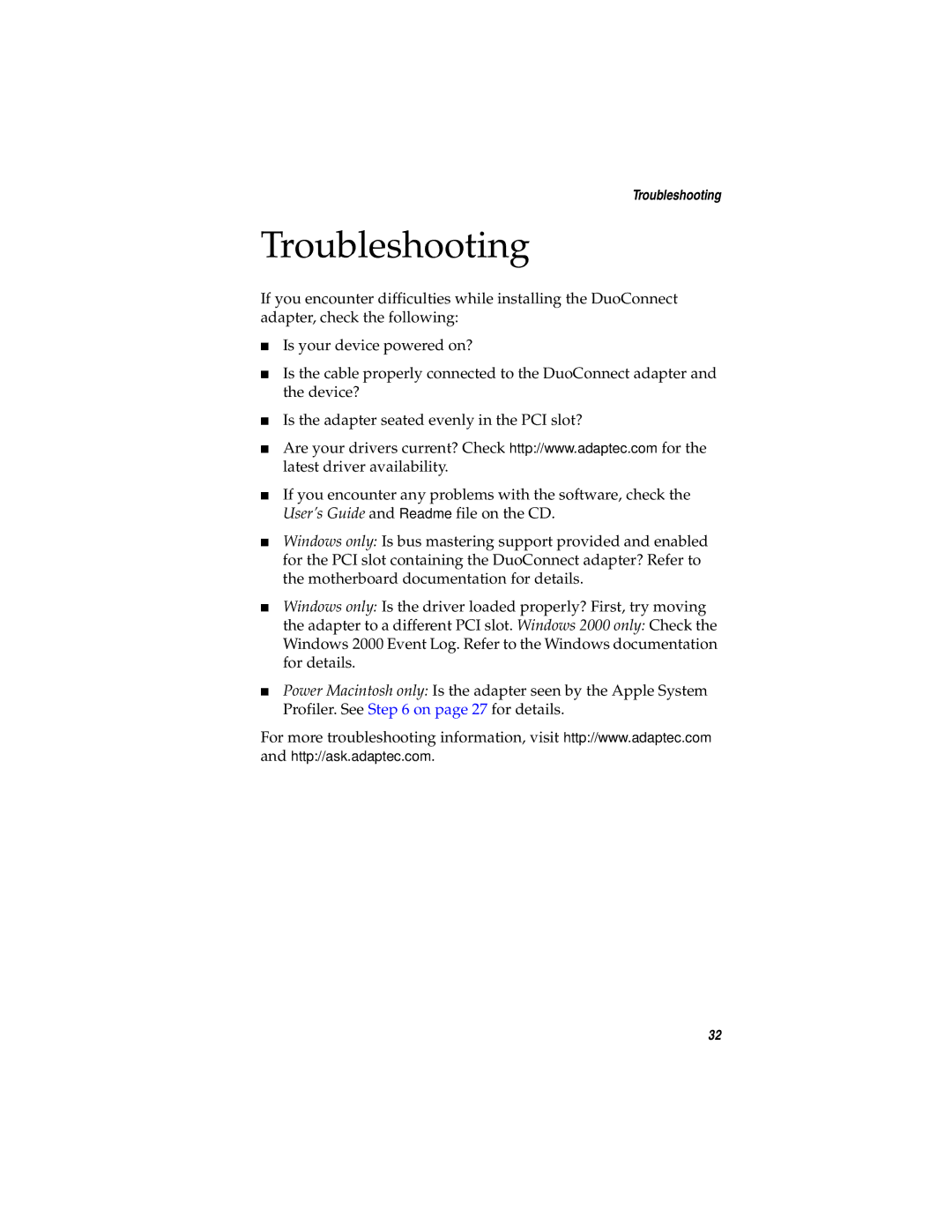 Adaptec AUA-3121 manual Troubleshooting 