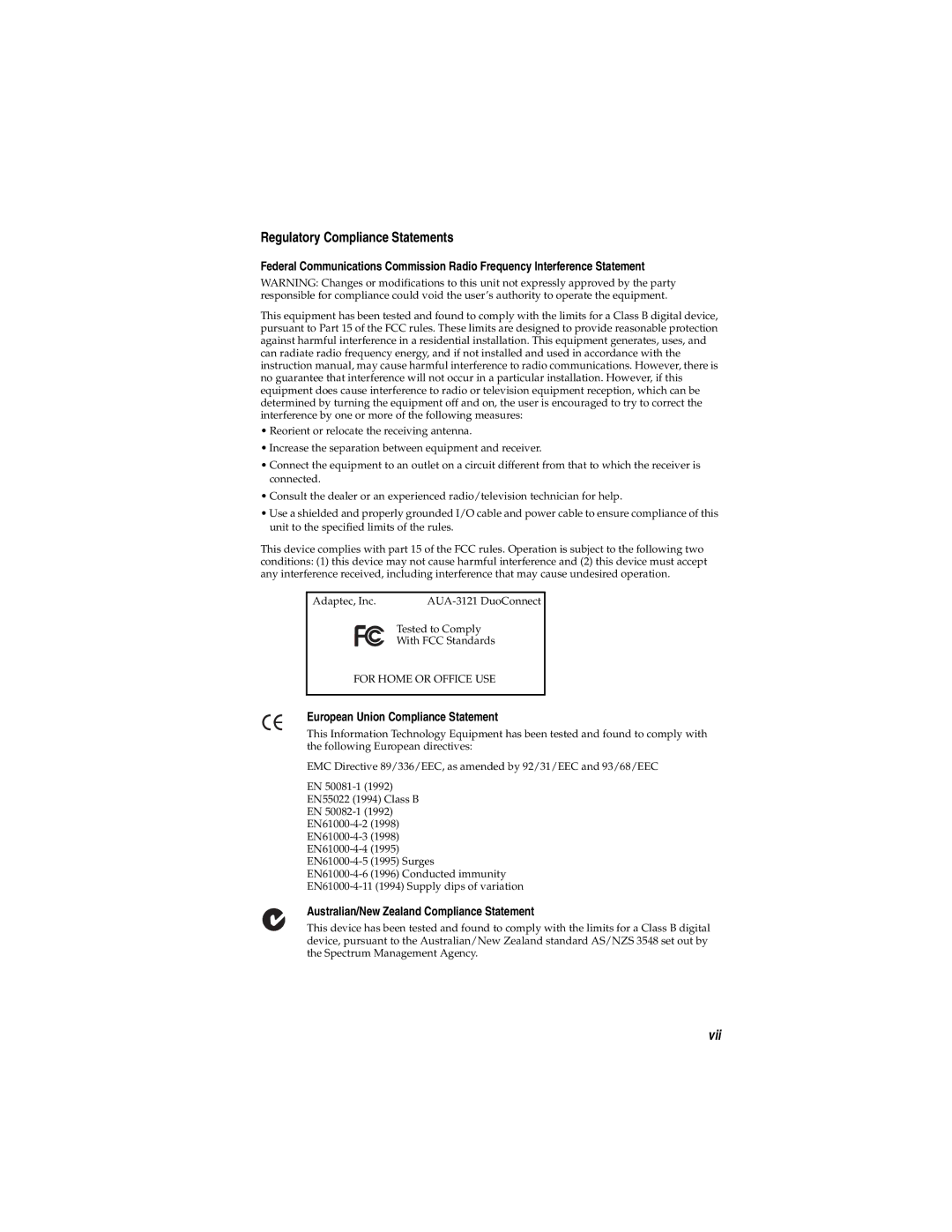 Adaptec AUA-3121 manual Regulatory Compliance Statements, European Union Compliance Statement 