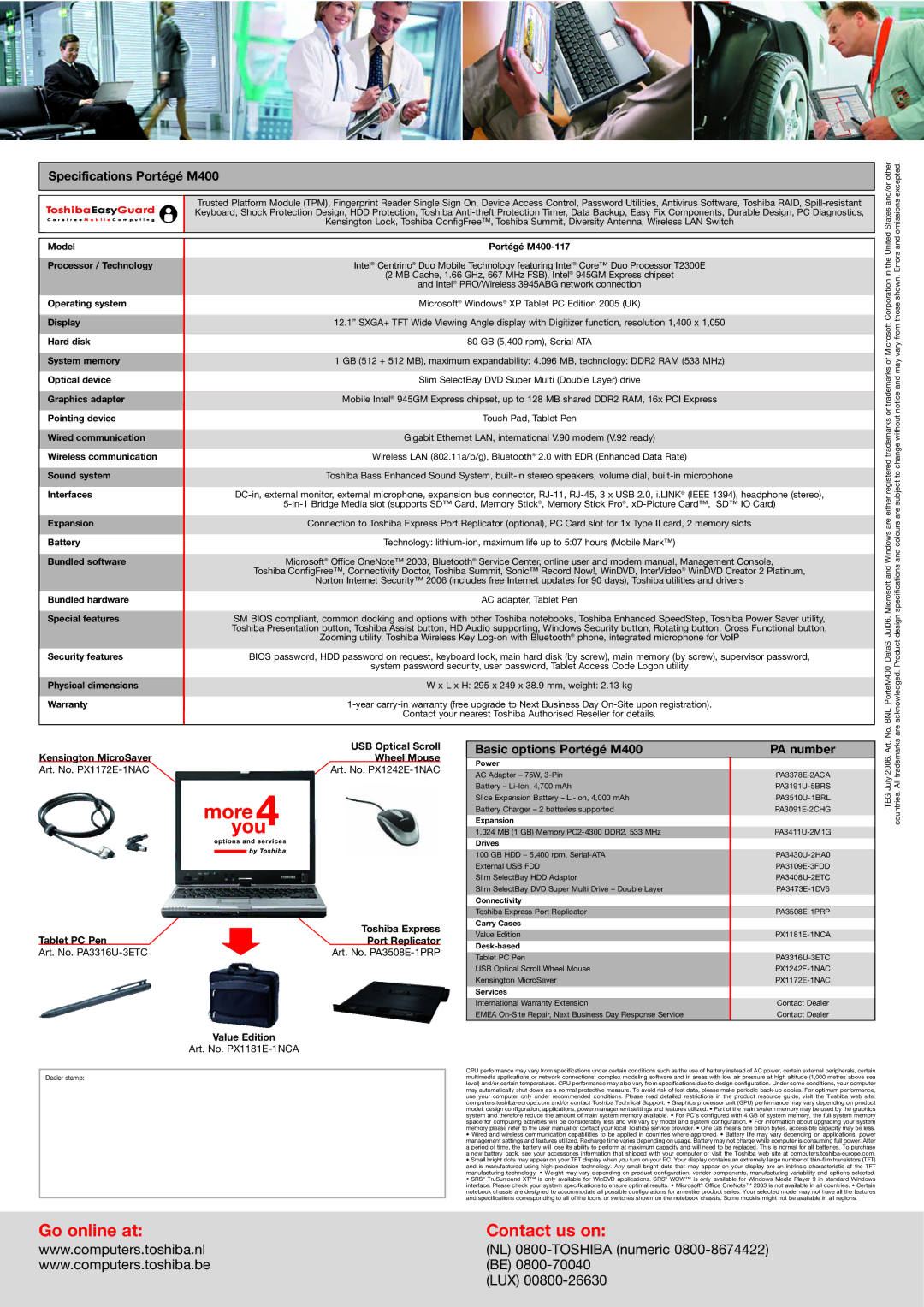 Adaptec Model Portégé M400-117 Processor / Technology, Operating system, Display, Hard disk, System memory, Interfaces 