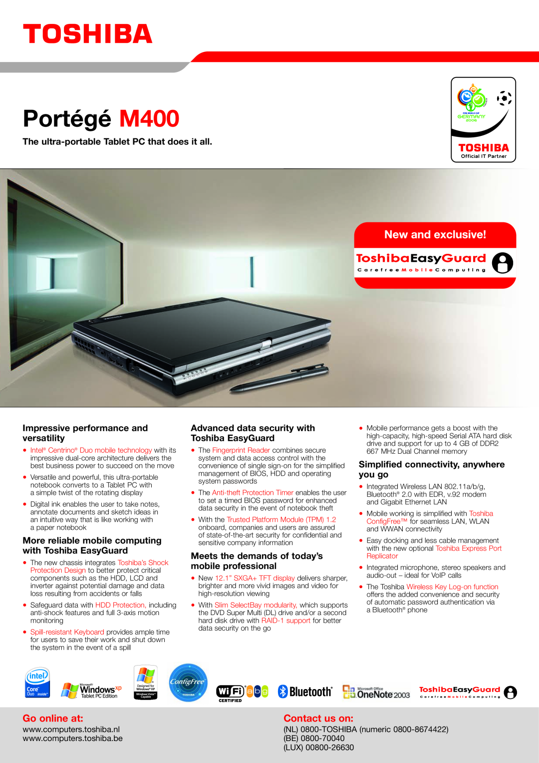 Adaptec manual Go online at, Contact us on, NL 0800-TOSHIBA numeric, Portégé M400 