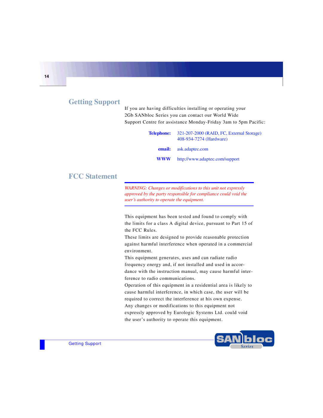 Adaptec MAN-FC2002-001 manual Getting Support, FCC Statement 