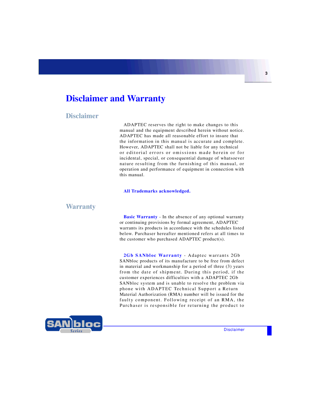 Adaptec MAN-FC2002-001 manual Disclaimer, Warranty 