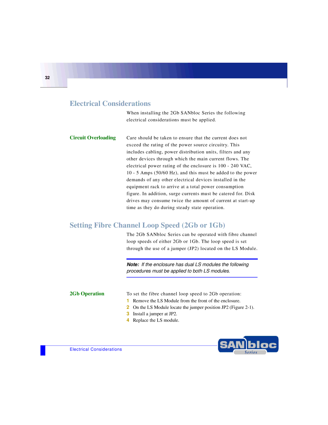 Adaptec MAN-FC2002-001 manual Electrical Considerations, Setting Fibre Channel Loop Speed 2Gb or 1Gb, 2Gb Operation 