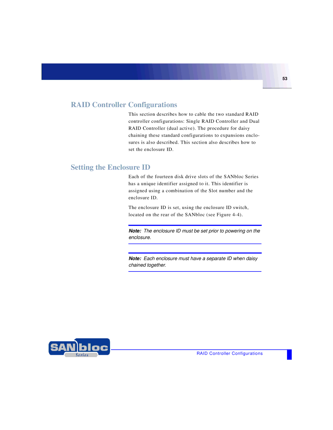 Adaptec MAN-FC2002-001 manual RAID Controller Configurations, Setting the Enclosure ID 