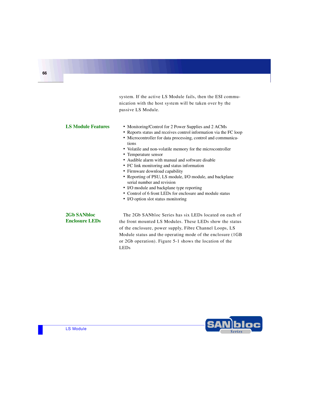 Adaptec MAN-FC2002-001 manual LS Module Features, 2Gb SANbloc, Enclosure LEDs 