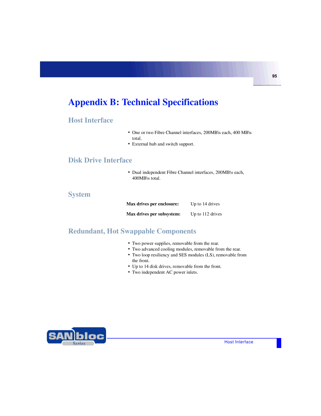 Adaptec MAN-FC2002-001 manual Appendix B Technical Specifications, Host Interface, Disk Drive Interface, System 