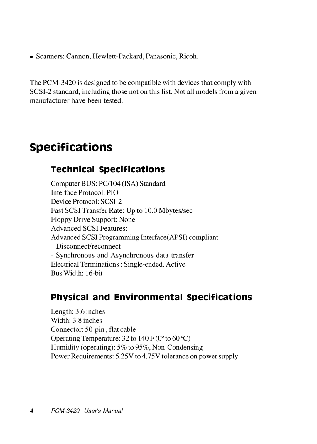 Adaptec PCM-3420, PC/104 manual Technical Specifications, Physical and Environmental Specifications 