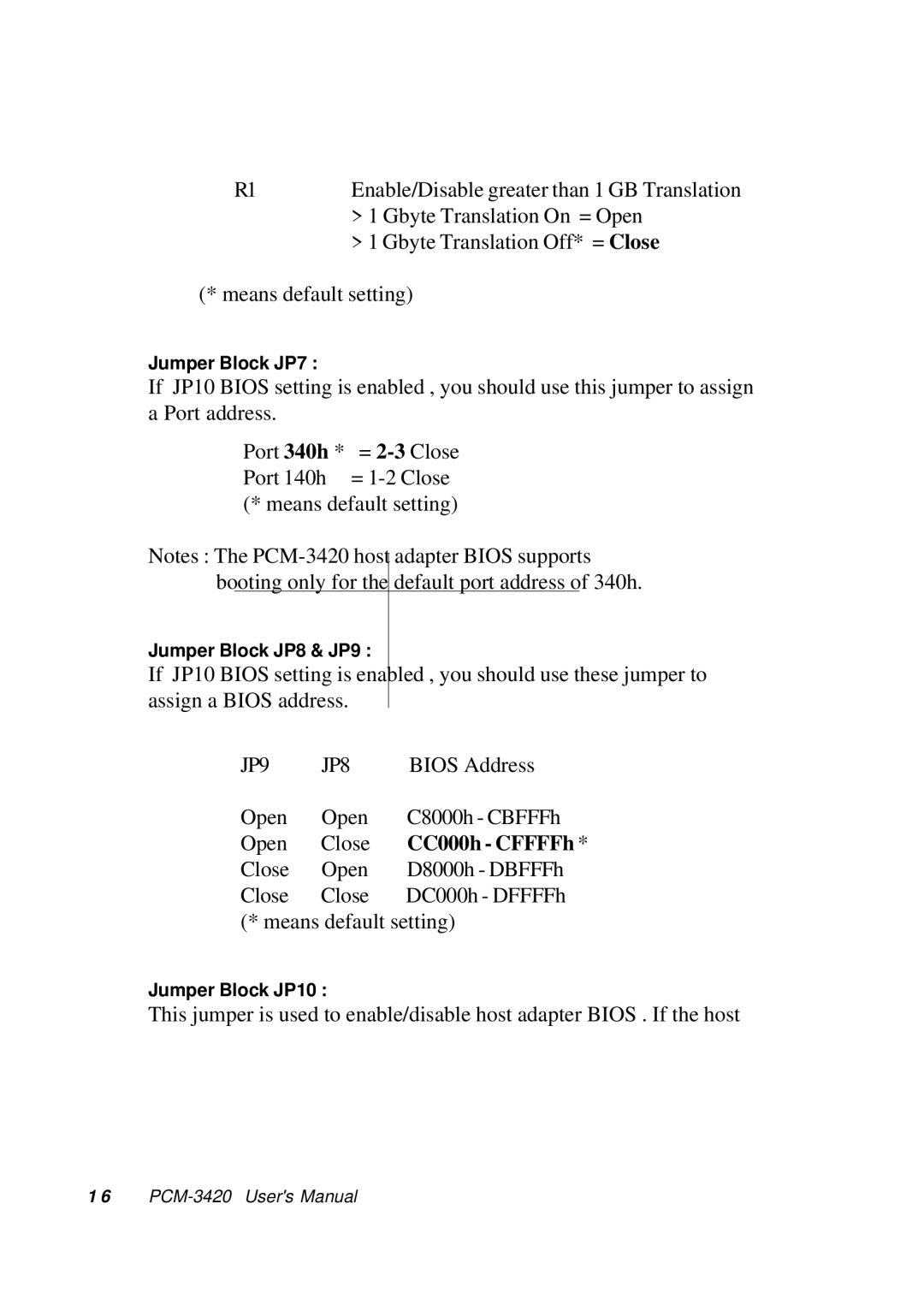 Adaptec PCM-3420, PC/104 manual CC000h CFFFFh 