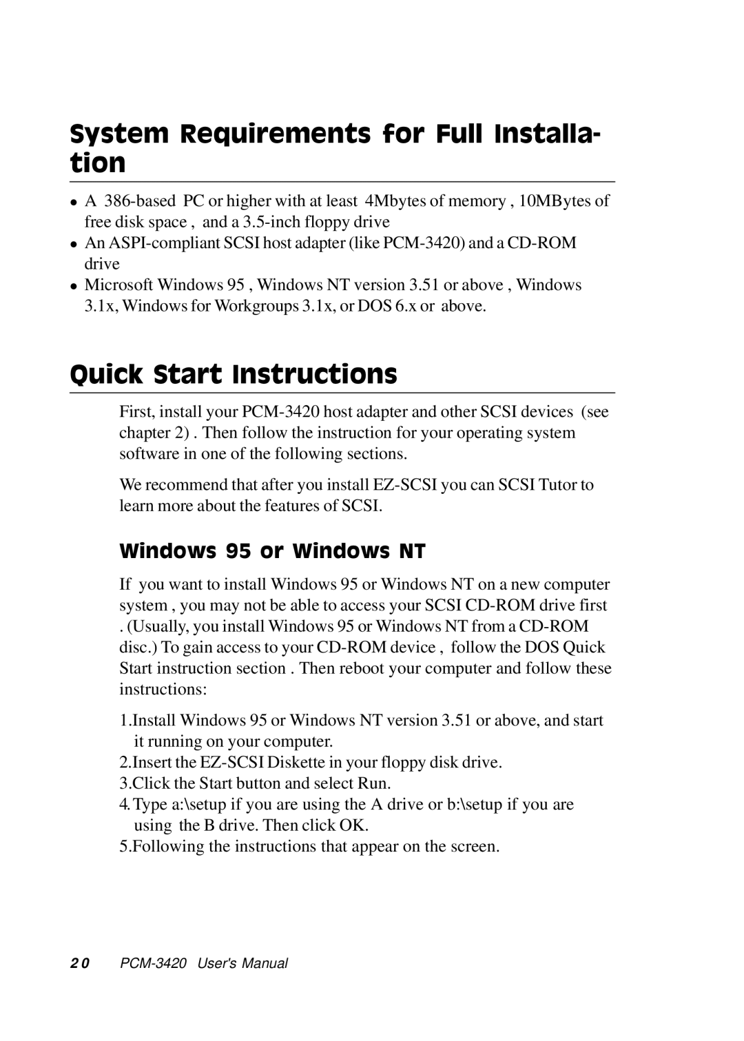 Adaptec PCM-3420, PC/104 System Requirements for Full Installa- tion, Quick Start Instructions, Windows 95 or Windows NT 