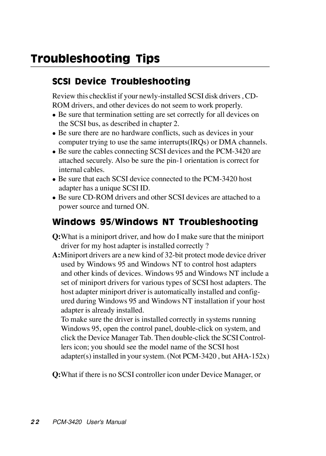 Adaptec PCM-3420, PC/104 manual Troubleshooting Tips, Scsi Device Troubleshooting, Windows 95/Windows NT Troubleshooting 