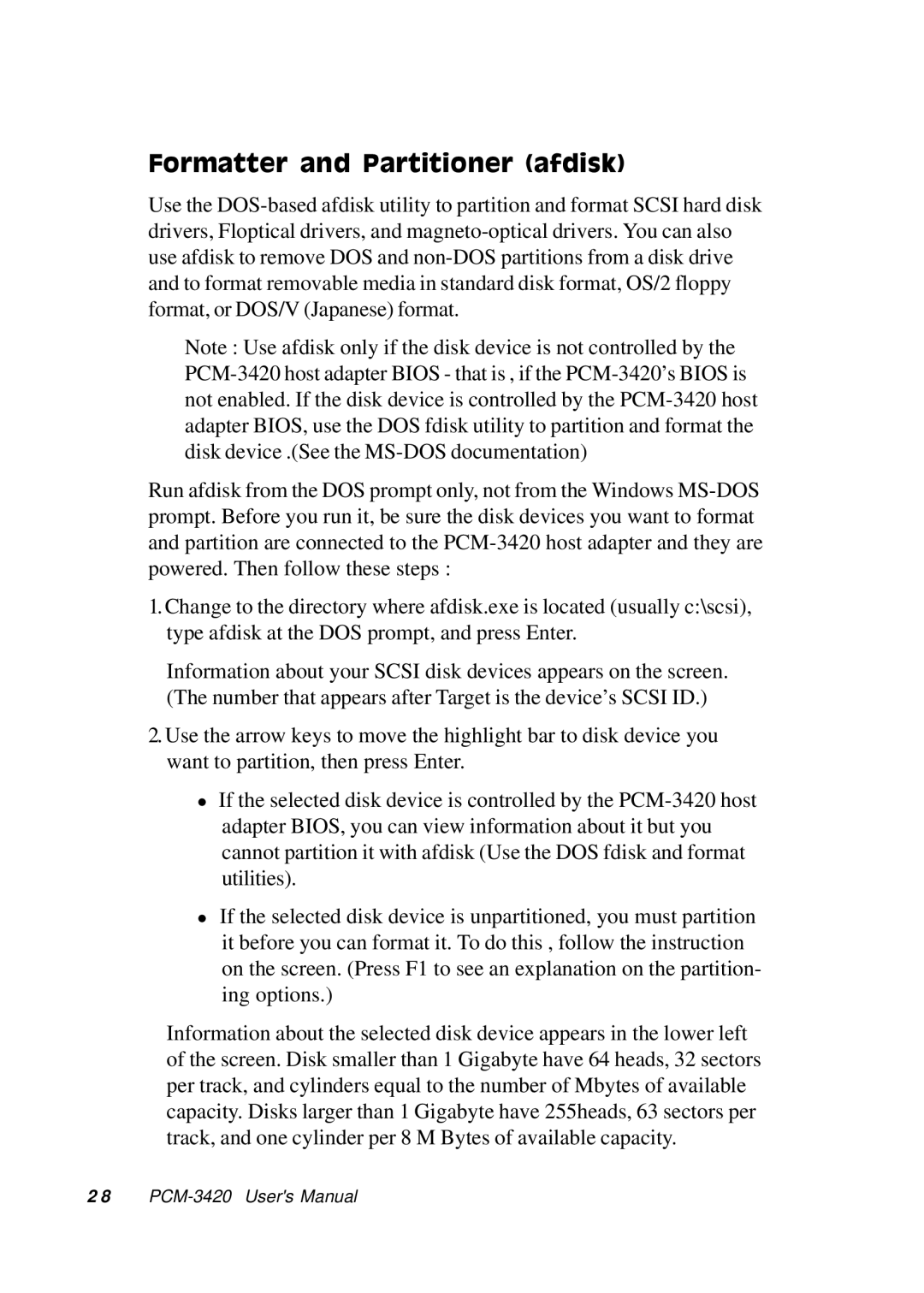 Adaptec PCM-3420, PC/104 manual Formatter and Partitioner afdisk 