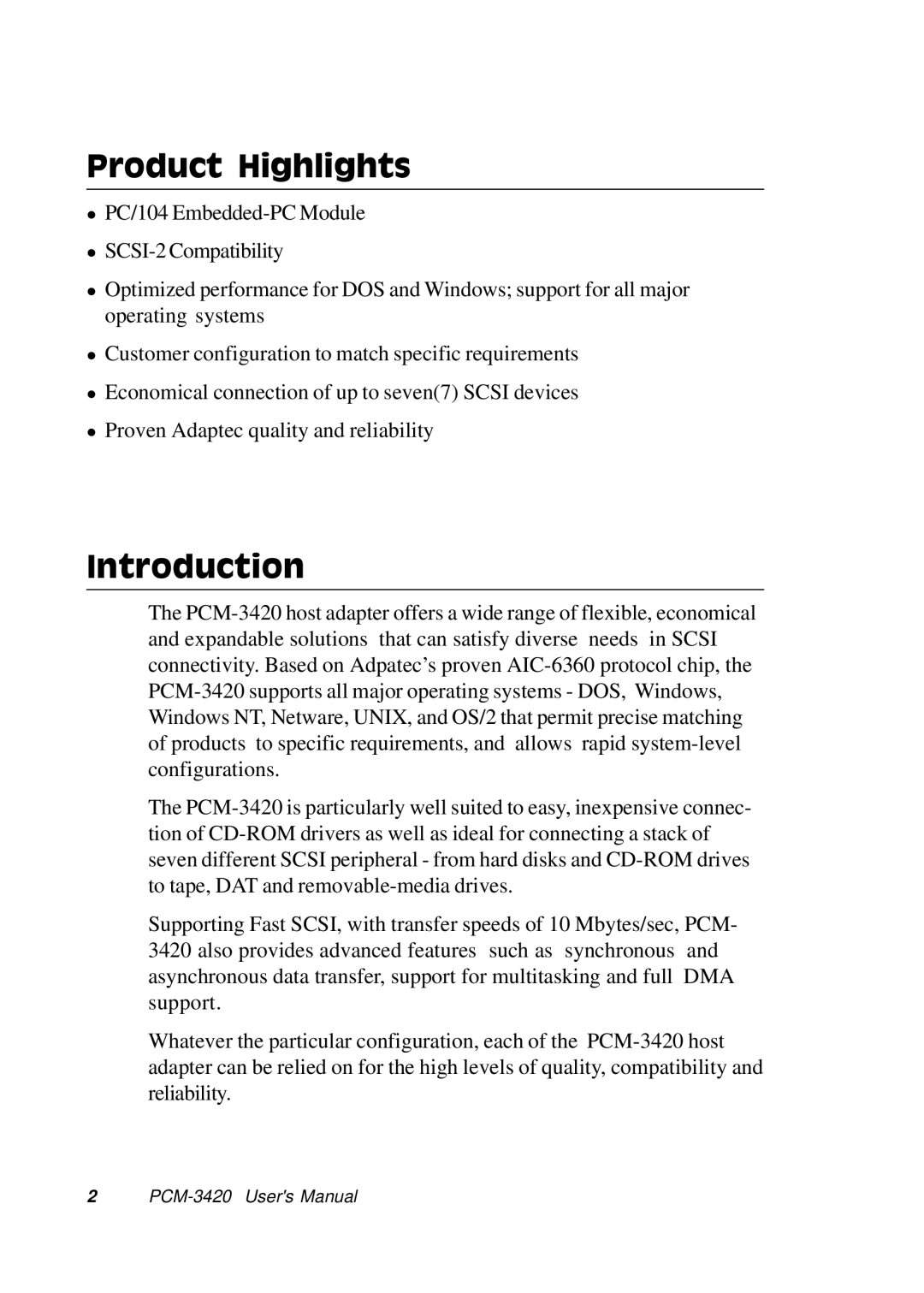 Adaptec PCM-3420, PC/104 manual Product Highlights, Introduction 