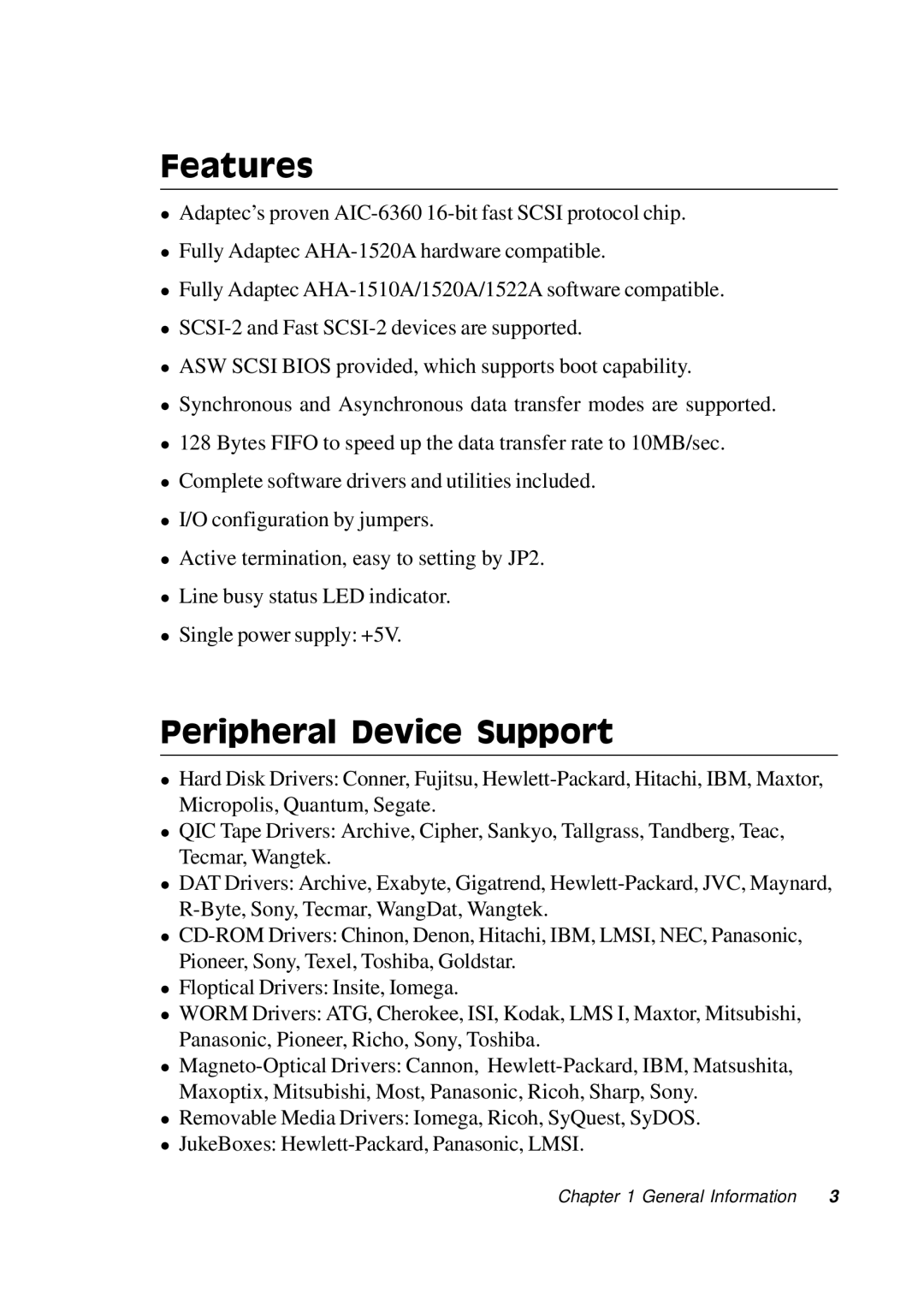 Adaptec PC/104, PCM-3420 manual Features, Peripheral Device Support 