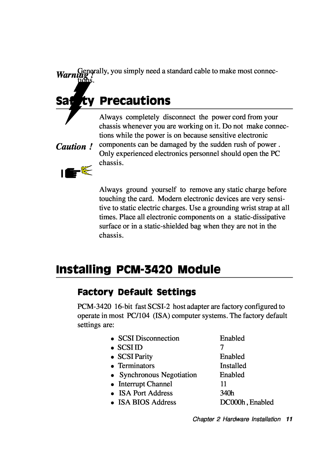 Adaptec PC/104 manual Safety Precautions, Installing PCM-3420 Module, Factory Default Settings 