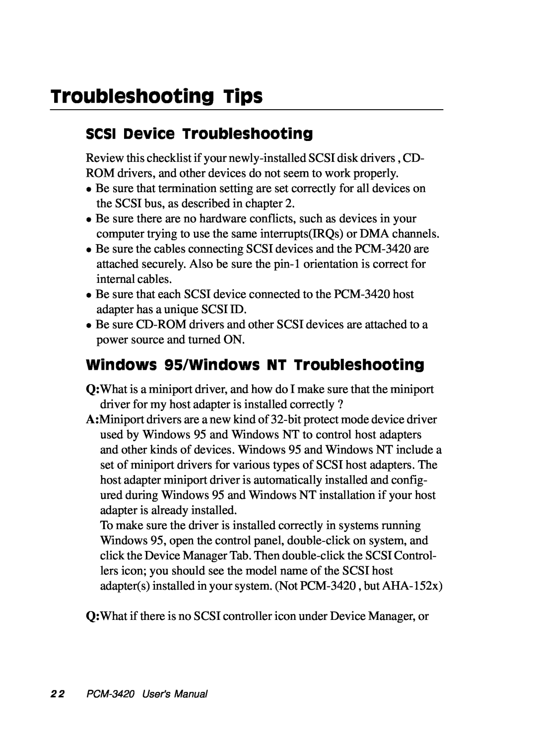 Adaptec PCM-3420, PC/104 manual Troubleshooting Tips, SCSI Device Troubleshooting, Windows 95/Windows NT Troubleshooting 