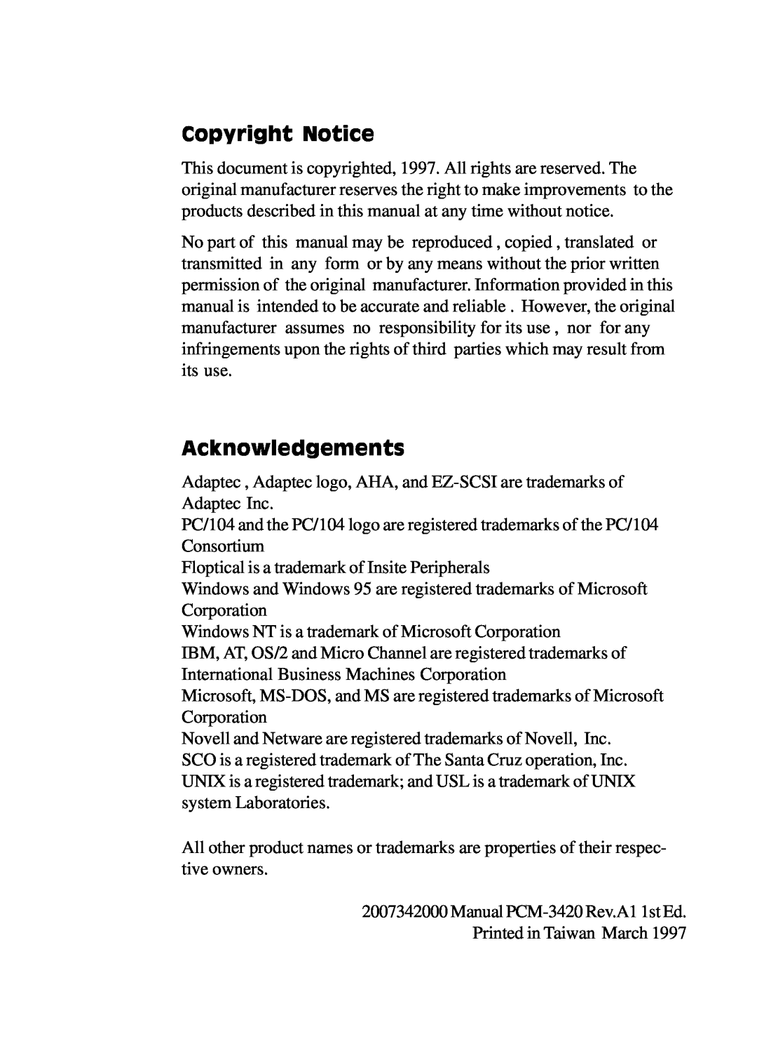 Adaptec PC/104, PCM-3420 manual Copyright Notice, Acknowledgements 