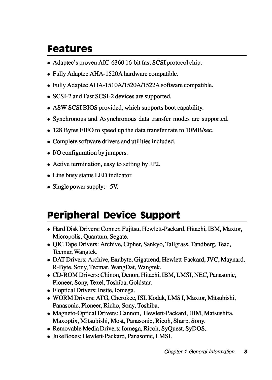 Adaptec PC/104, PCM-3420 manual Features, Peripheral Device Support 