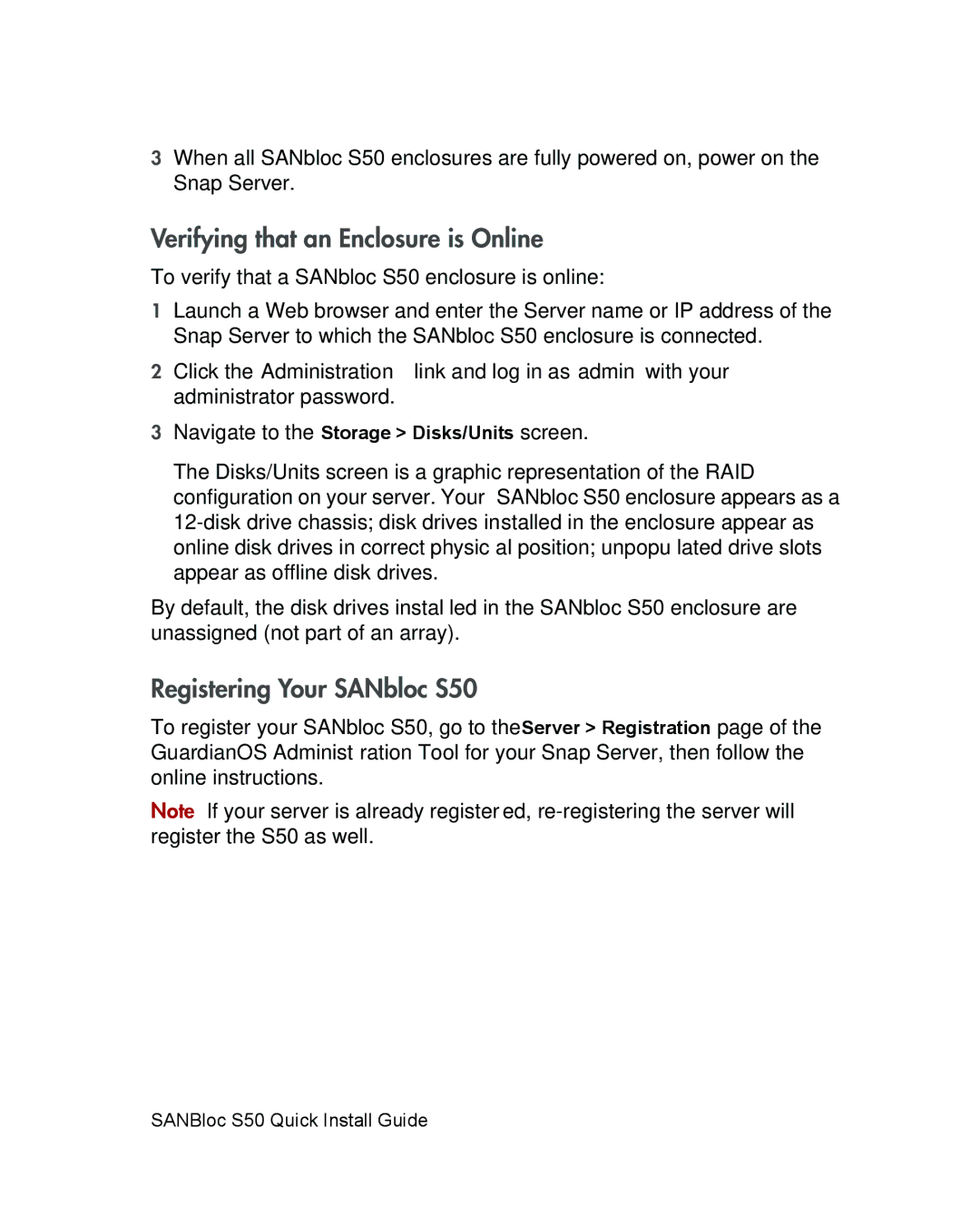 Adaptec quick start Verifying that an Enclosure is Online, Registering Your SANbloc S50 