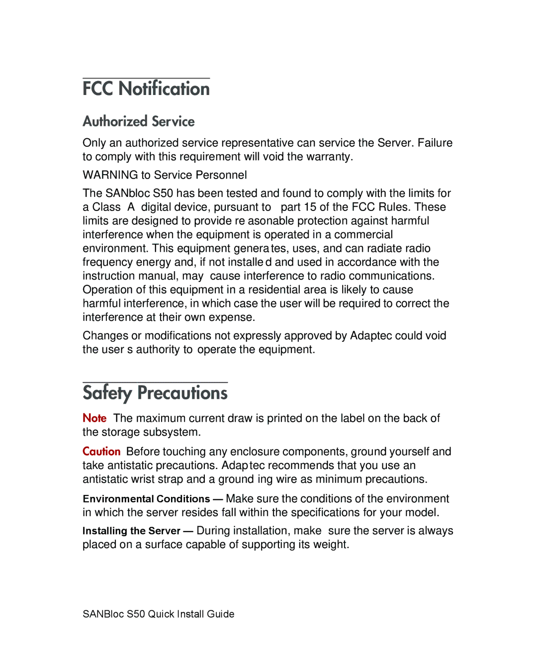 Adaptec S50 quick start FCC Notification, Safety Precautions, Authorized Service 