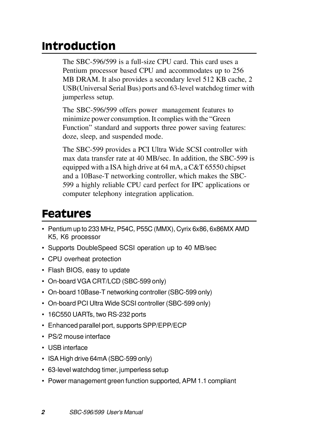 Adaptec SBC-599, SBC-596 manual Introduction, Features 