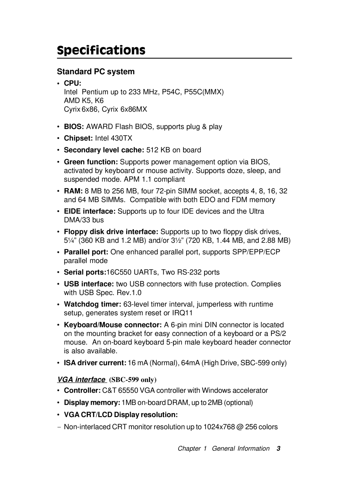 Adaptec SBC-596, SBC-599 manual Specifications, Standard PC system 