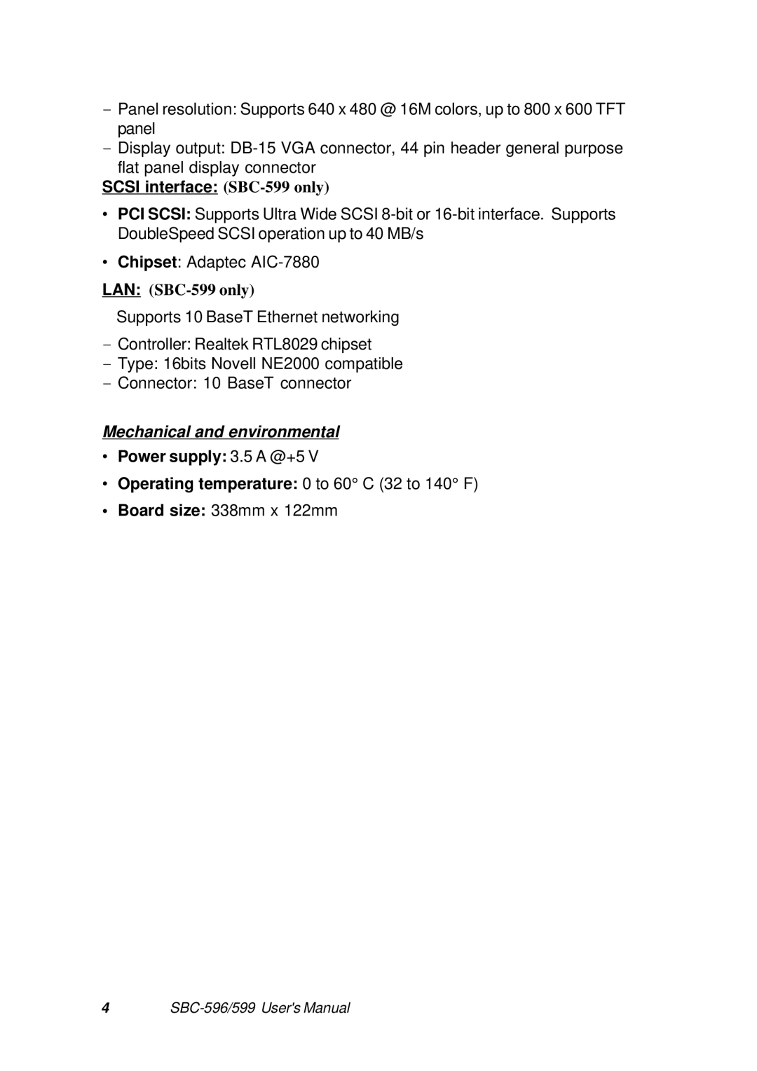 Adaptec SBC-599, SBC-596 manual Mechanical and environmental 