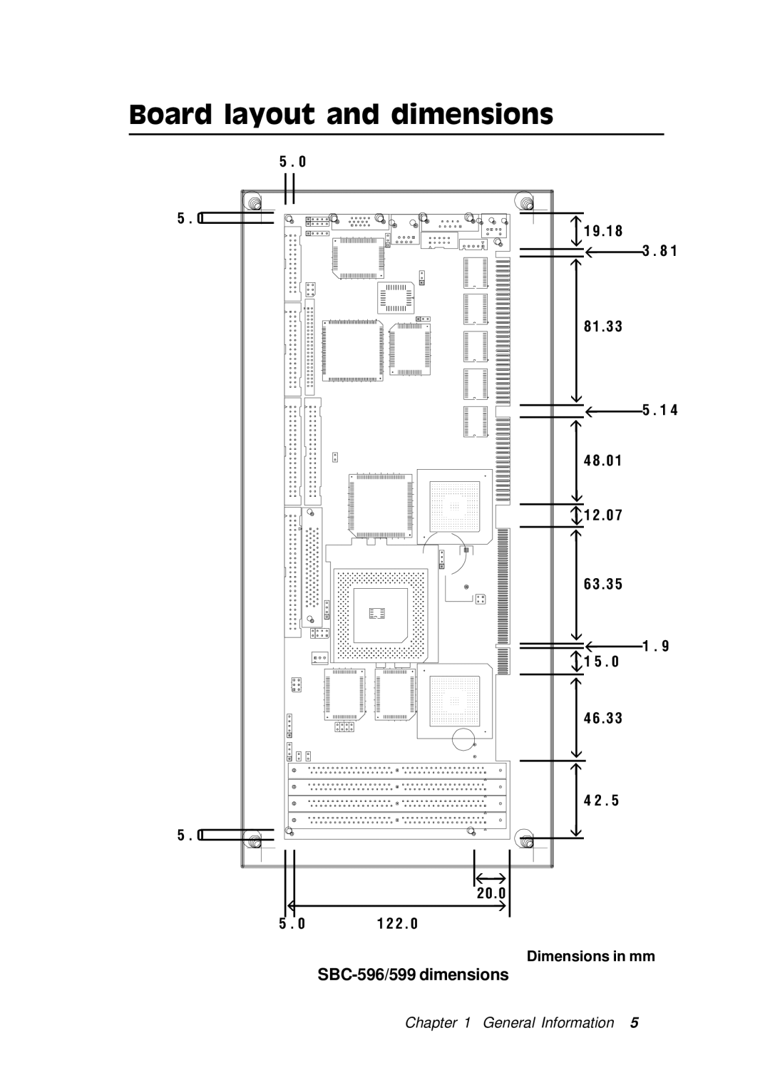 Adaptec SBC-596, SBC-599 manual Board layout and dimensions 