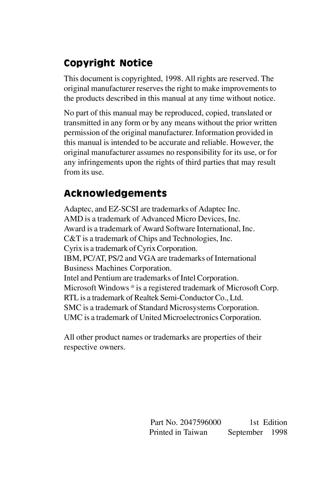 Adaptec SBC-599, SBC-596 manual Copyright Notice, Acknowledgements 