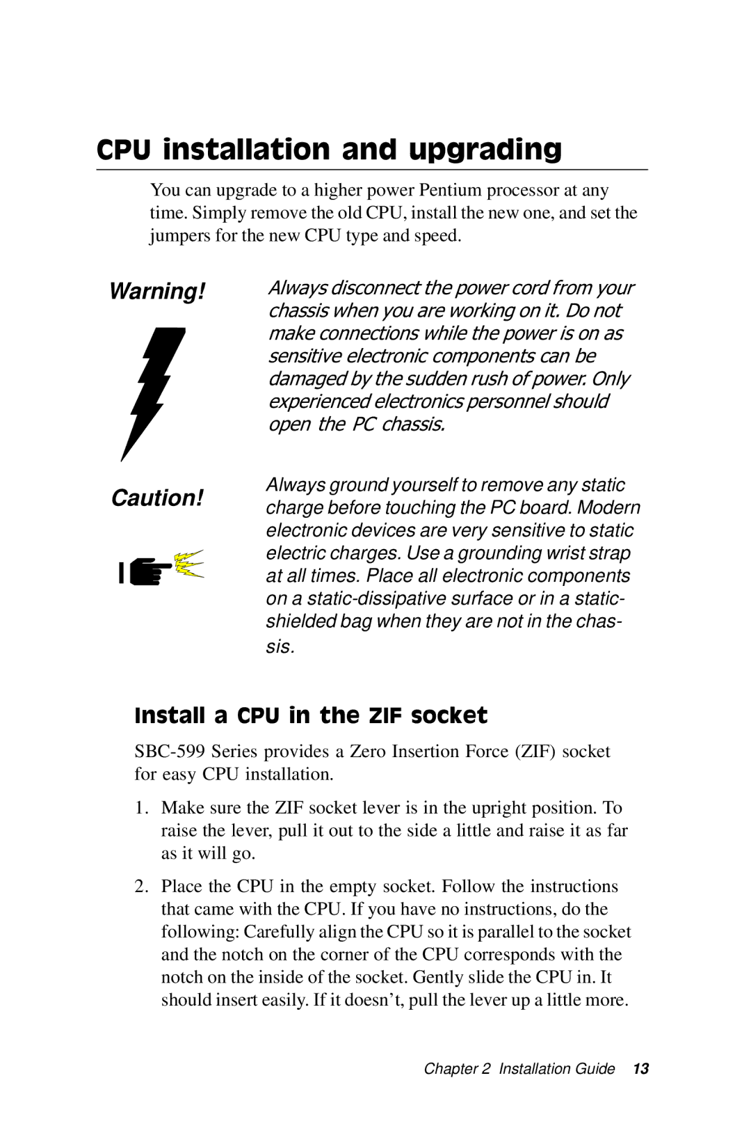 Adaptec SBC-596, SBC-599 manual CPU installation and upgrading, Install a CPU in the ZIF socket 