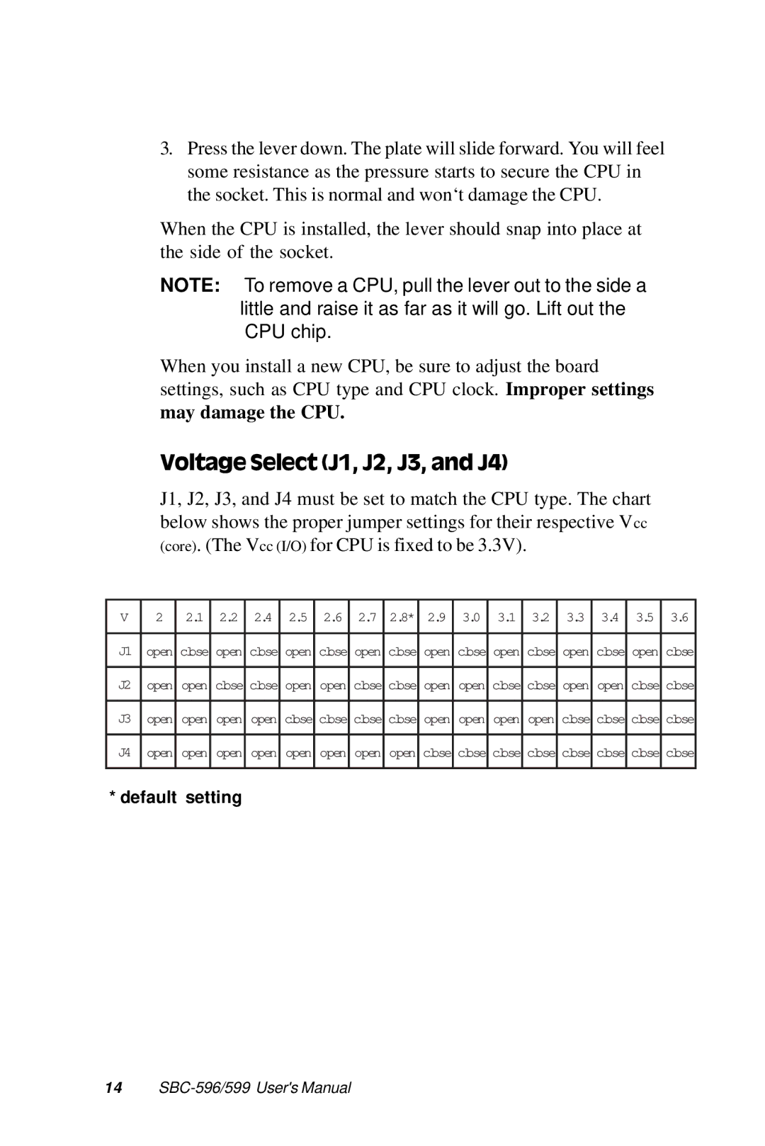 Adaptec SBC-599, SBC-596 manual Voltage Select J1, J2, J3, and J4 