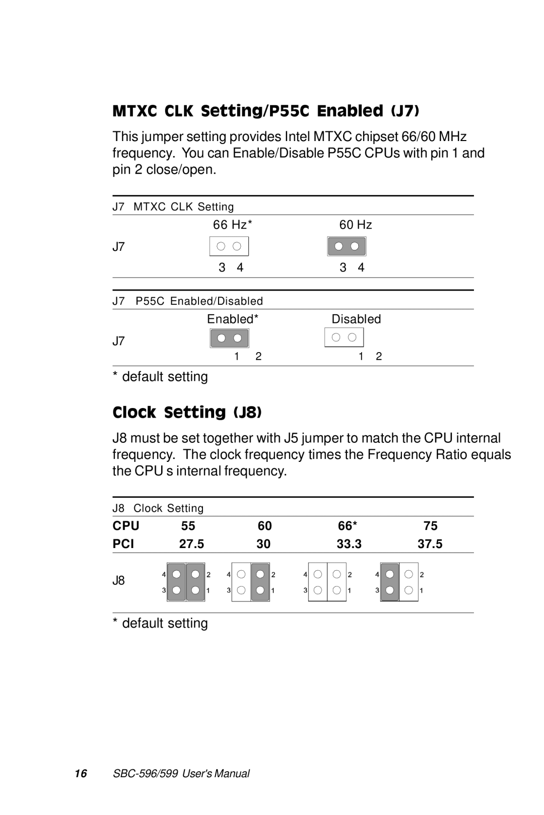 Adaptec SBC-599, SBC-596 manual Mtxc CLK Setting/P55C Enabled J7, Clock Setting J8 