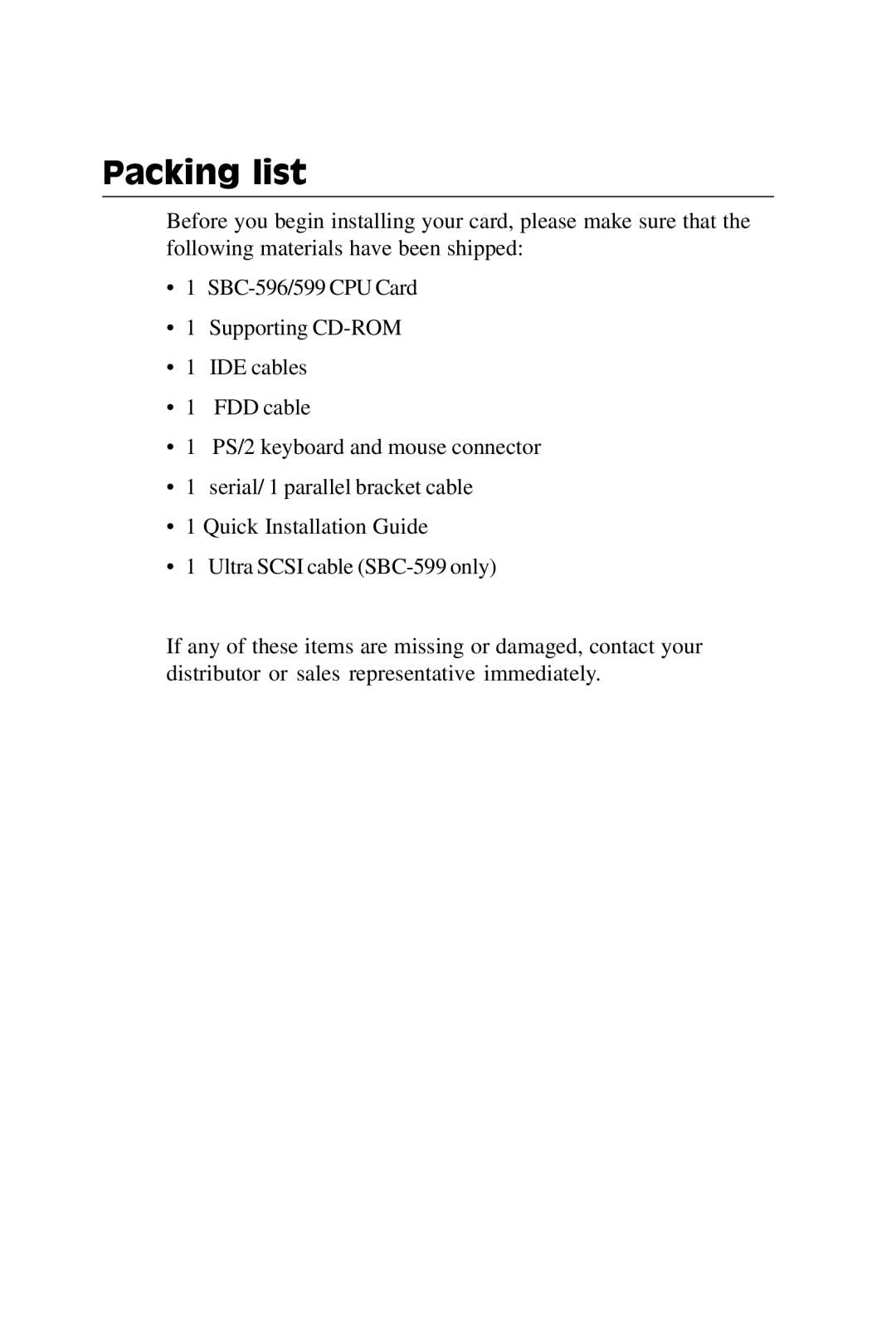 Adaptec SBC-596, SBC-599 manual Packing list 